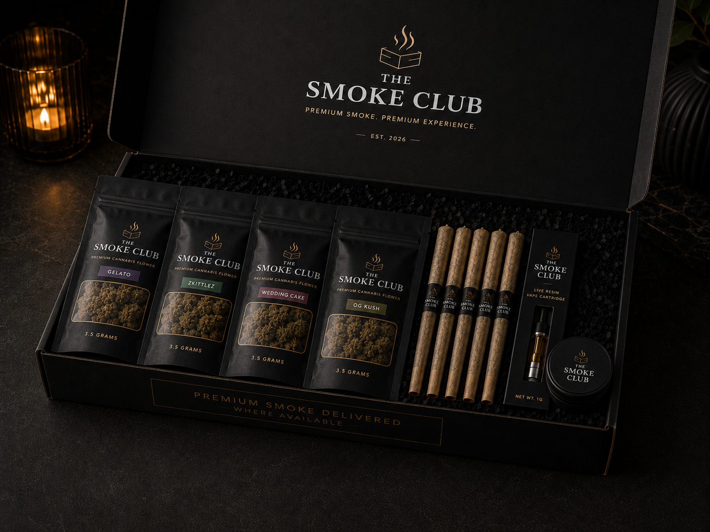 The Smoke Club Premium Reserve subscription box with four flower strains, prerolls, and vape cartridge