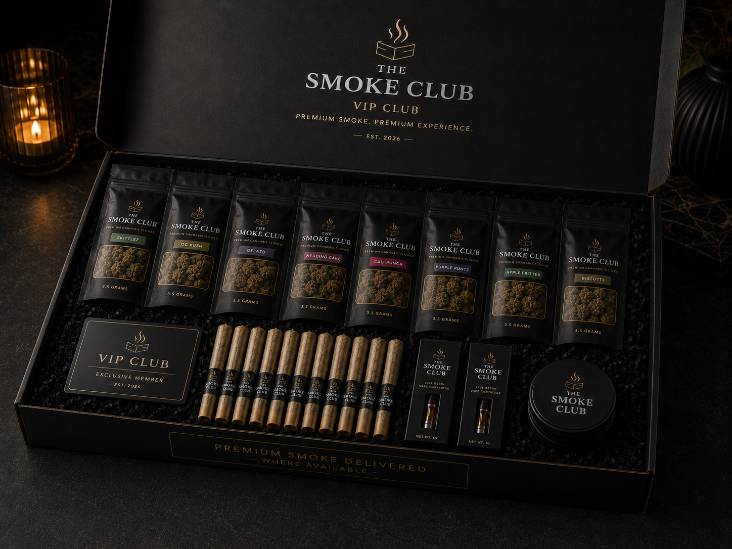 VIP Club — The Smoke Club luxury cannabis subscription box with eight flower strains, ten prerolls, two vape cartridges, and exclusive accessories