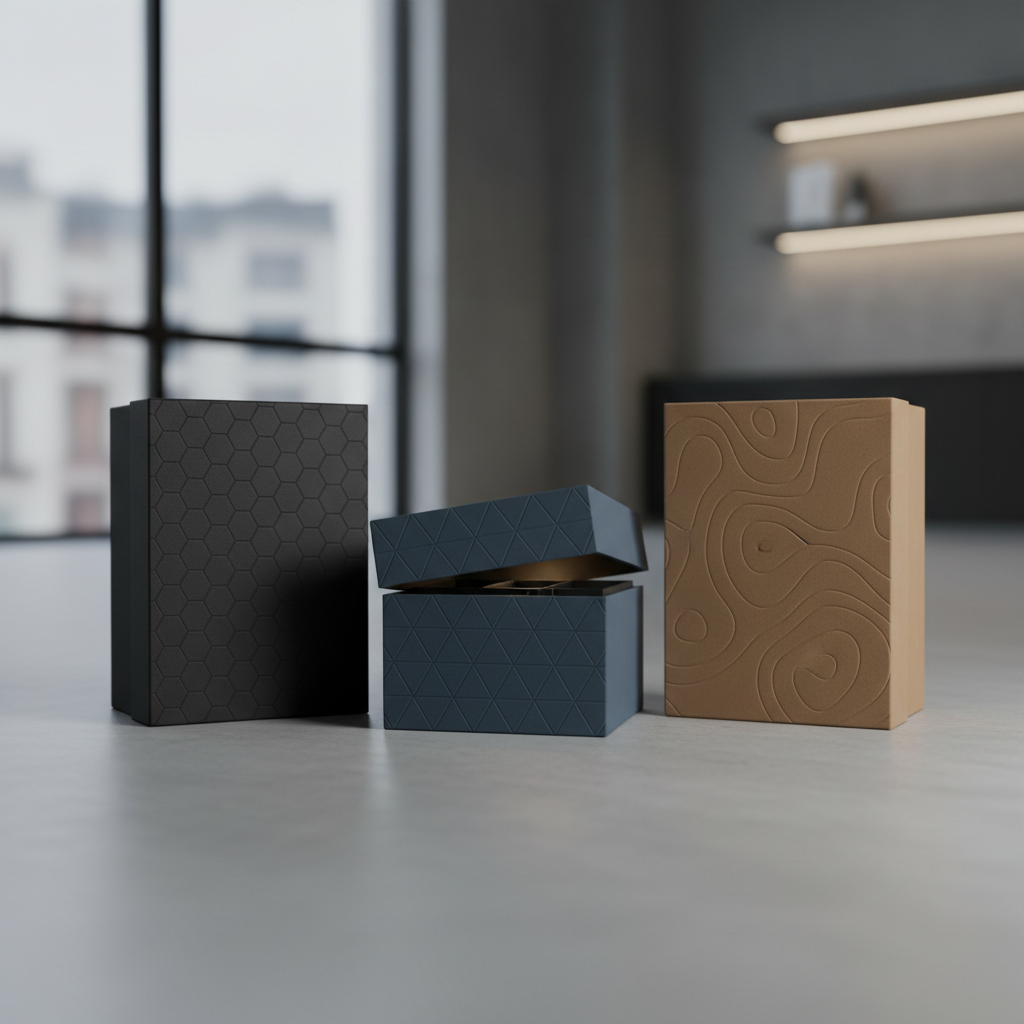 A closed collection of three different premium smoke boxes arranged in a staggered line on a clean concrete surface, each box a different neutral tone: matte black, deep slate blue, and warm taupe, all with subtle embossed geometric patterns instead of logos. One box lid is slightly ajar, hinting at carefully organized contents without revealing specifics. Cool, diffused studio lighting from above casts crisp but gentle shadows, highlighting the precise edges and textures of the packaging. Background is minimalist and softly blurred, suggesting a modern urban loft setting. Photographic realism, eye-level composition with symmetrical framing, emphasizing premium packaging design, discretion, and professional branding suitable for an age-restricted, responsible service with no people or textual claims.